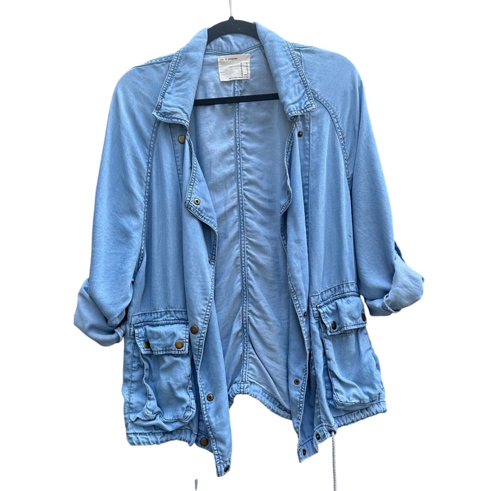 Life In Progress Women Blue Lyocell Utility Jacket Light Wash Snap Front Medium